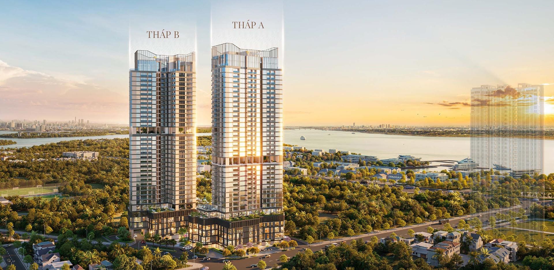 Phối cảnh tháp A và tháp B Vlasta Premier bên sông