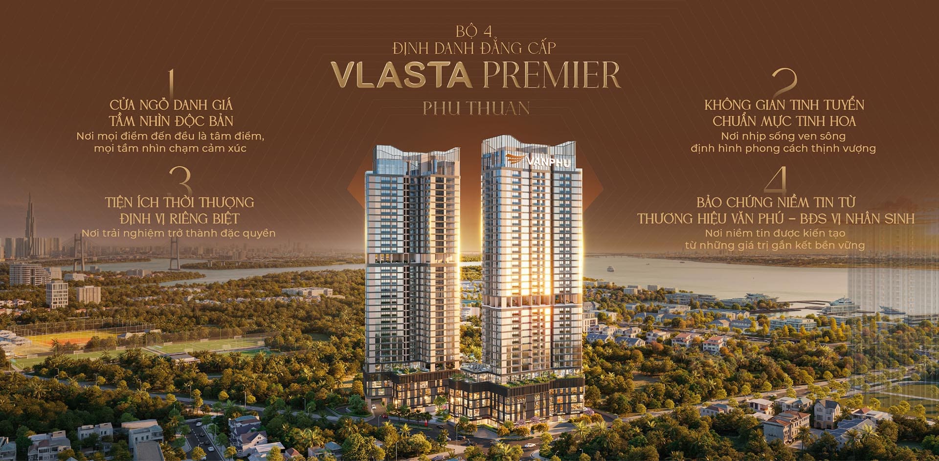 Phối cảnh 2 tòa tháp Vlasta Premier Phú Thuận bên sông lúc hoàng hôn